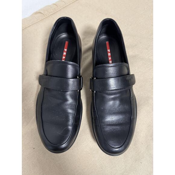 Prada Shoes Mens Size 8.5 Black Leather Loafers Slip On Dress Buckle 4P0327 main image 10
